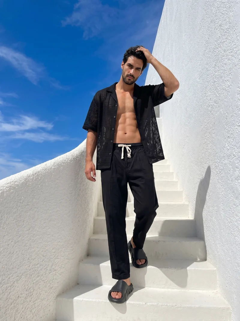 Camicia Boxy Fit Crochet Effetto Rete - Nero