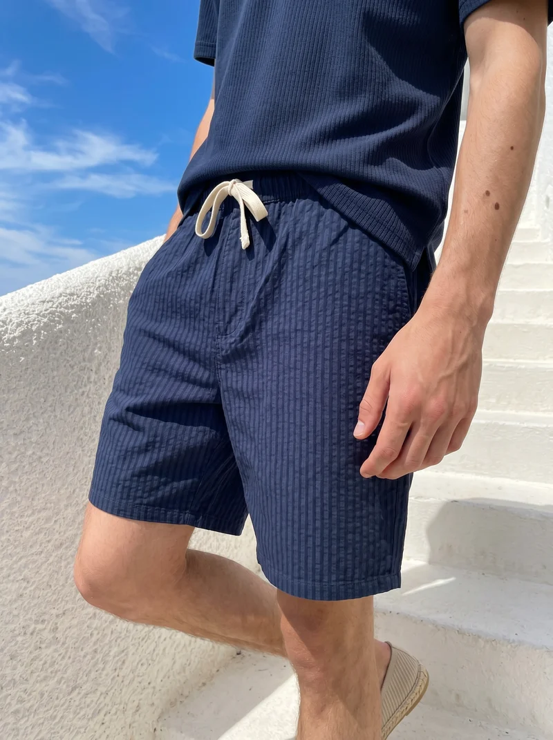 Bermuda Jogger in Cotone Effetto Rigato - Blu