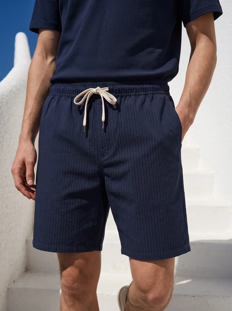 Bermuda Jogger in Cotone Effetto Rigato - Blu