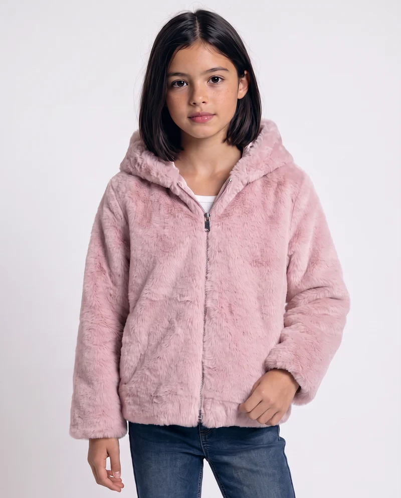 Giubbino con cappuccio in pelliccia sintetica - Rosa polvere