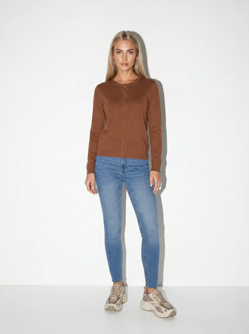 Cardigan basico girocollo con bottoni - Marrone tabacco