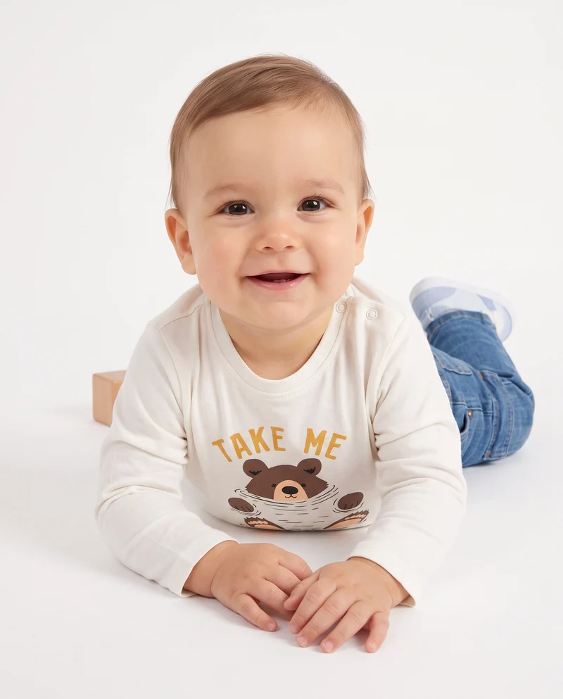 T shirt girocollo manica lunga basica con stampa - Bianco latte
