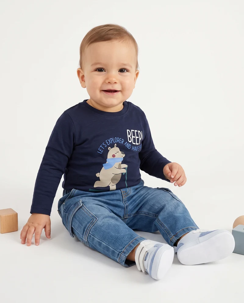 T shirt girocollo manica lunga basica con stampa - Blu