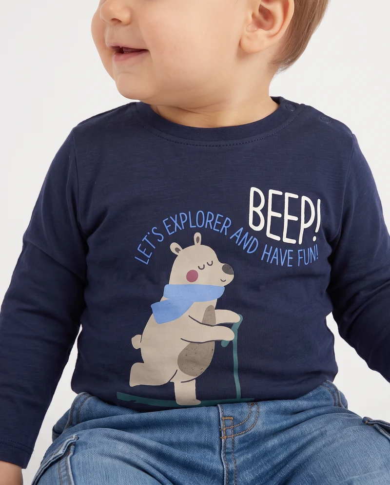 T shirt girocollo manica lunga basica con stampa - Blu