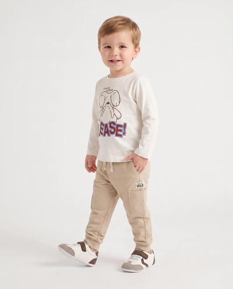 T shirt girocollo manica lunga con stampa - Bianco latte