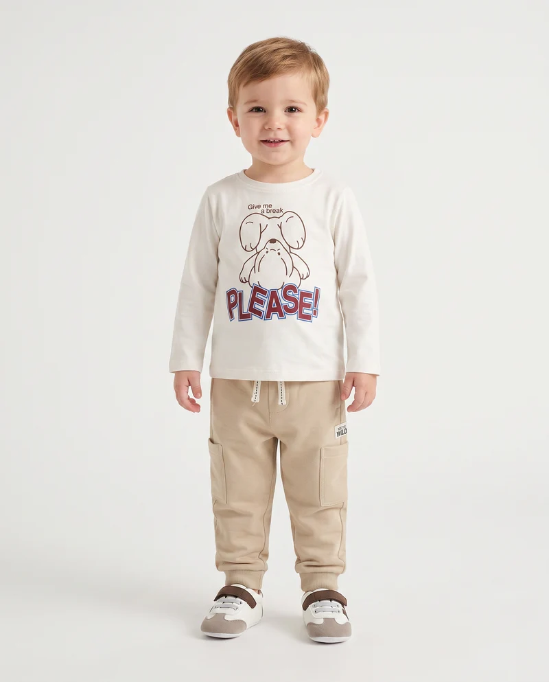 T shirt girocollo manica lunga con stampa - Bianco latte