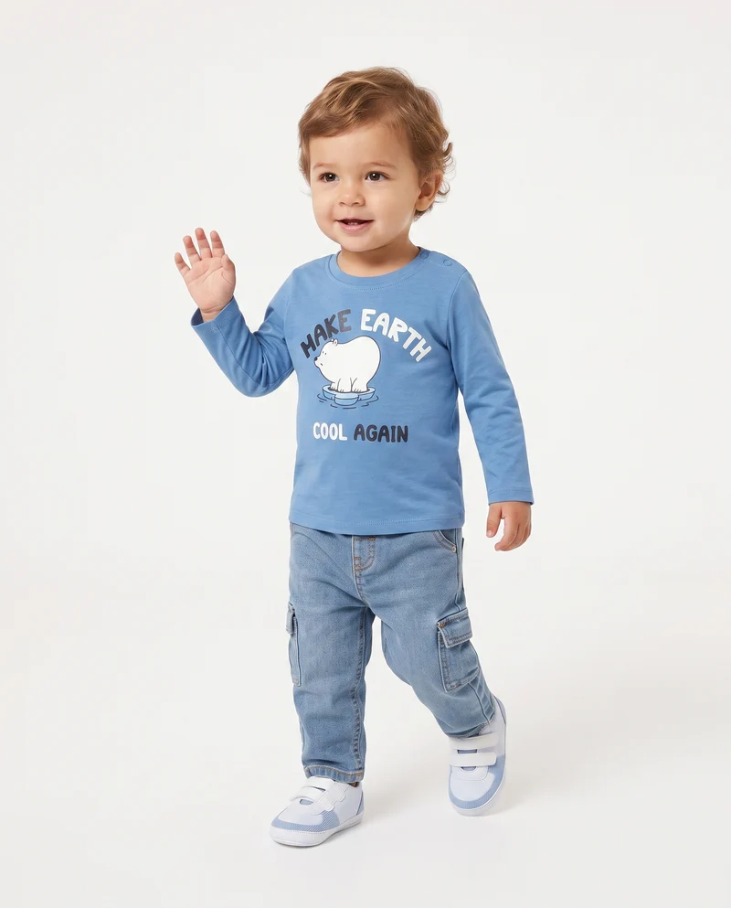 T shirt girocollo manica lunga con stampa - Blu oceano