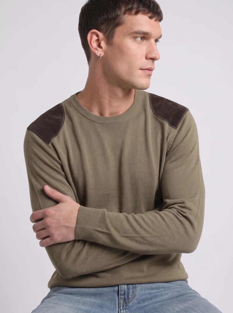 Maglia girocollo slim fit con toppe velluto - Verde kaki
