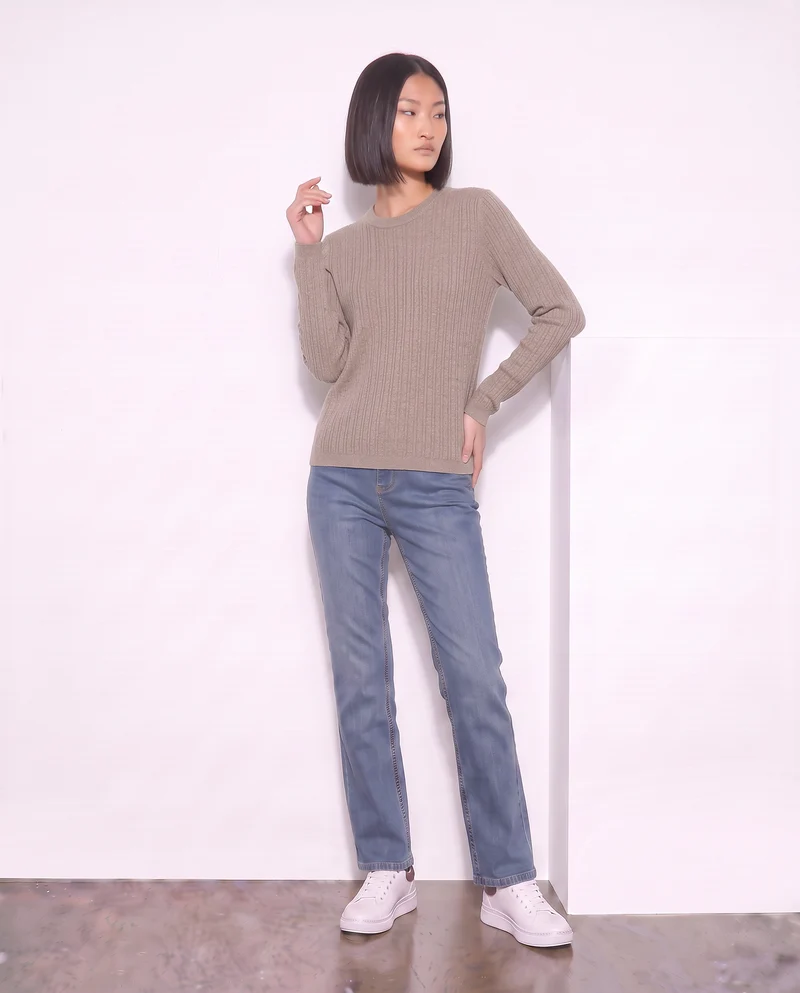 Pullover a trecce manica lunga girocollo - Beige grano