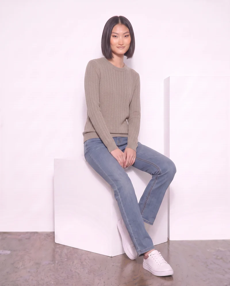 Pullover a trecce manica lunga girocollo - Beige grano