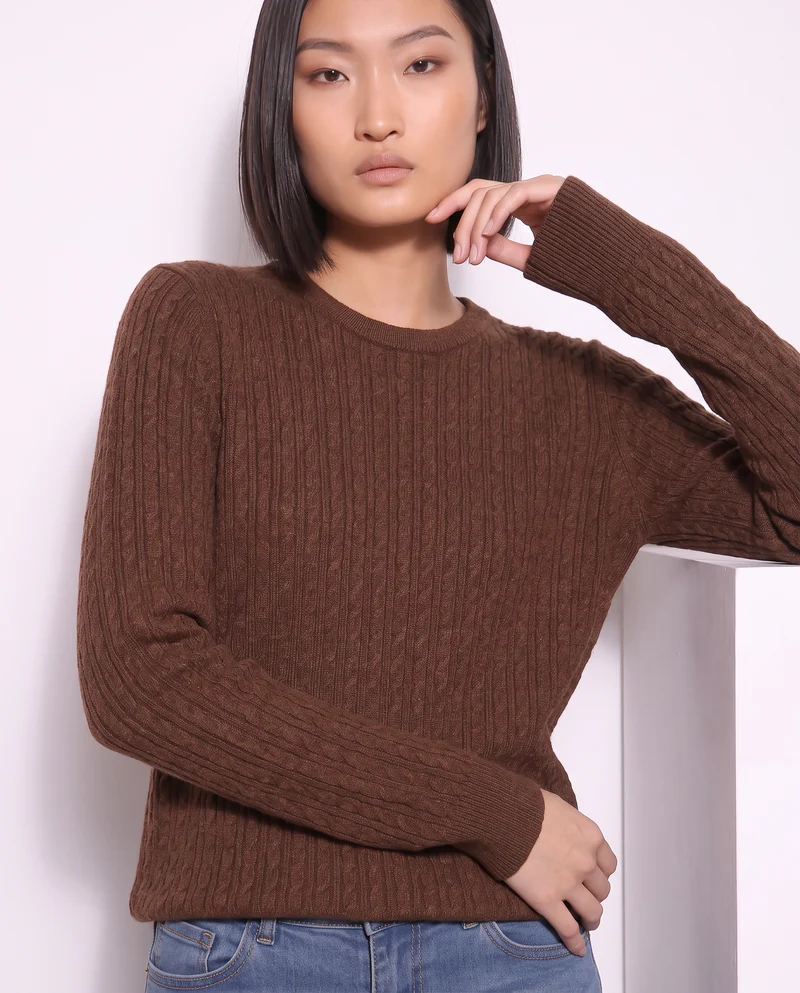 Pullover a trecce manica lunga girocollo - Marrone tabacco