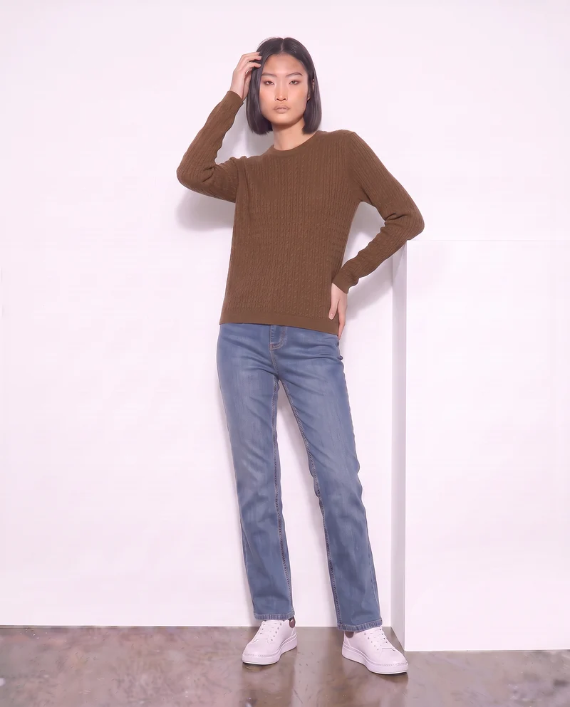 Pullover a trecce manica lunga girocollo - Marrone tabacco