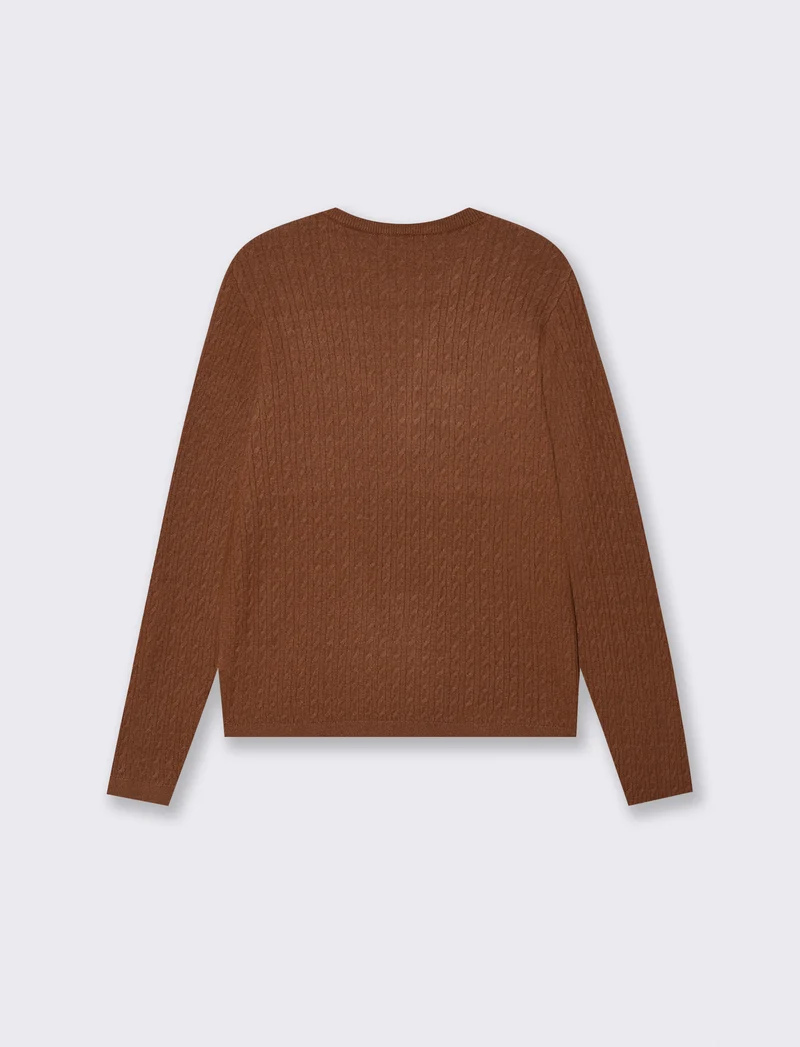 Pullover a trecce manica lunga girocollo - Marrone tabacco