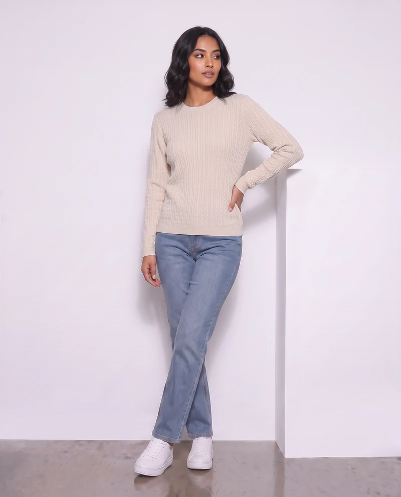 Pullover a trecce manica lunga girocollo - Avorio