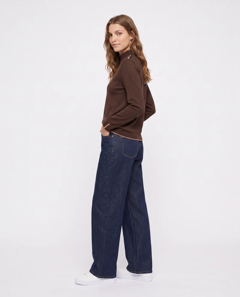 Pullover collo alto con contrasto e bottoni - Moro