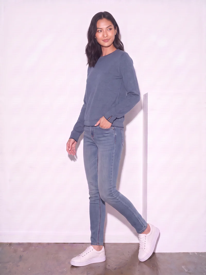 Pullover girocollo con contrasto regolare - Denim
