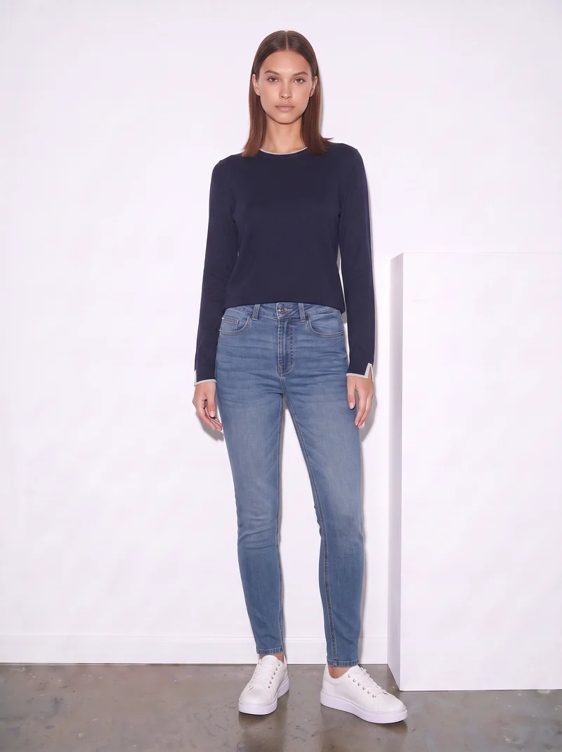 Pullover girocollo con contrasto regolare - Blu
