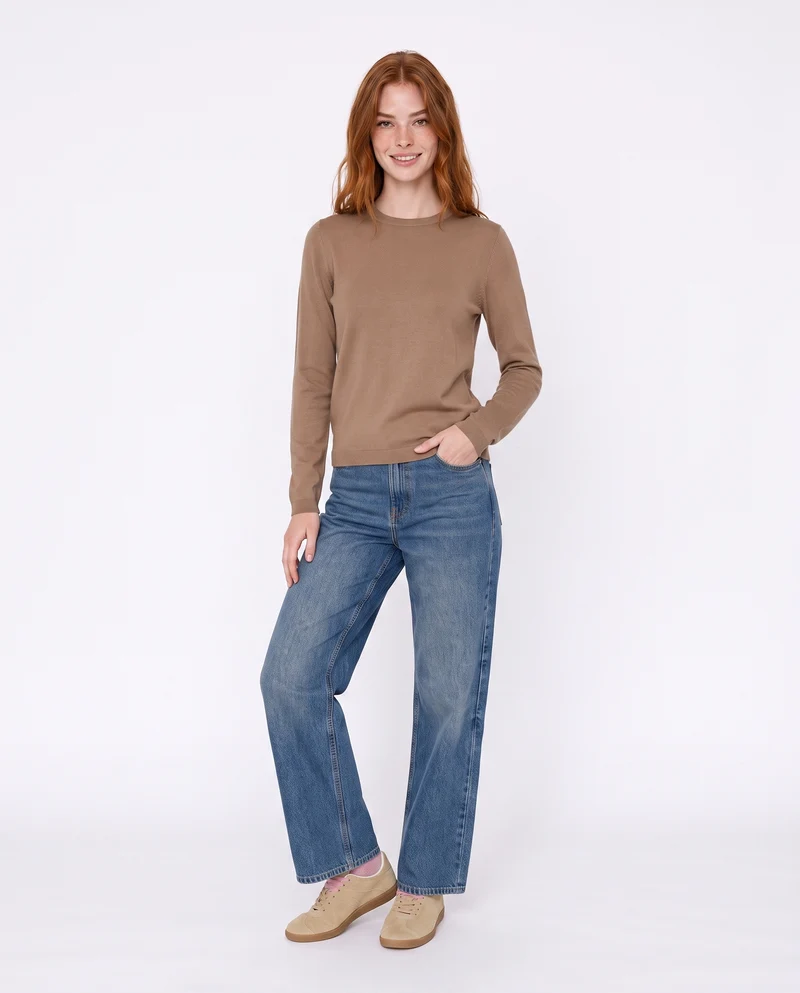 Pullover basico girocollo a manica lunga - Cammello