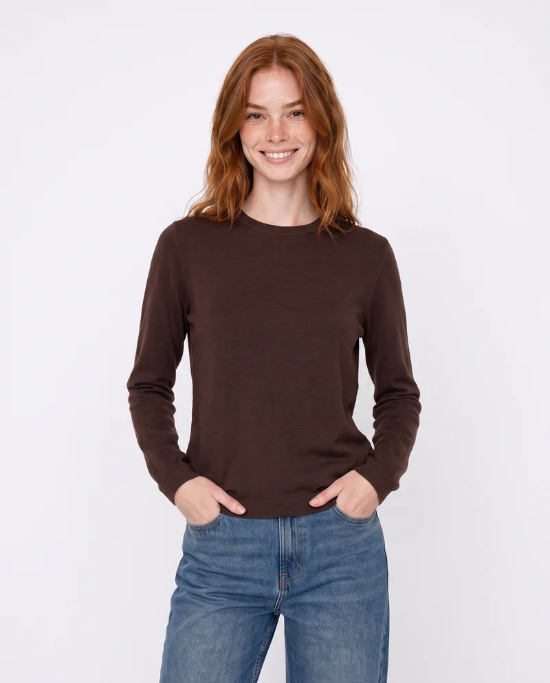 Pullover basico girocollo a manica lunga - Moro