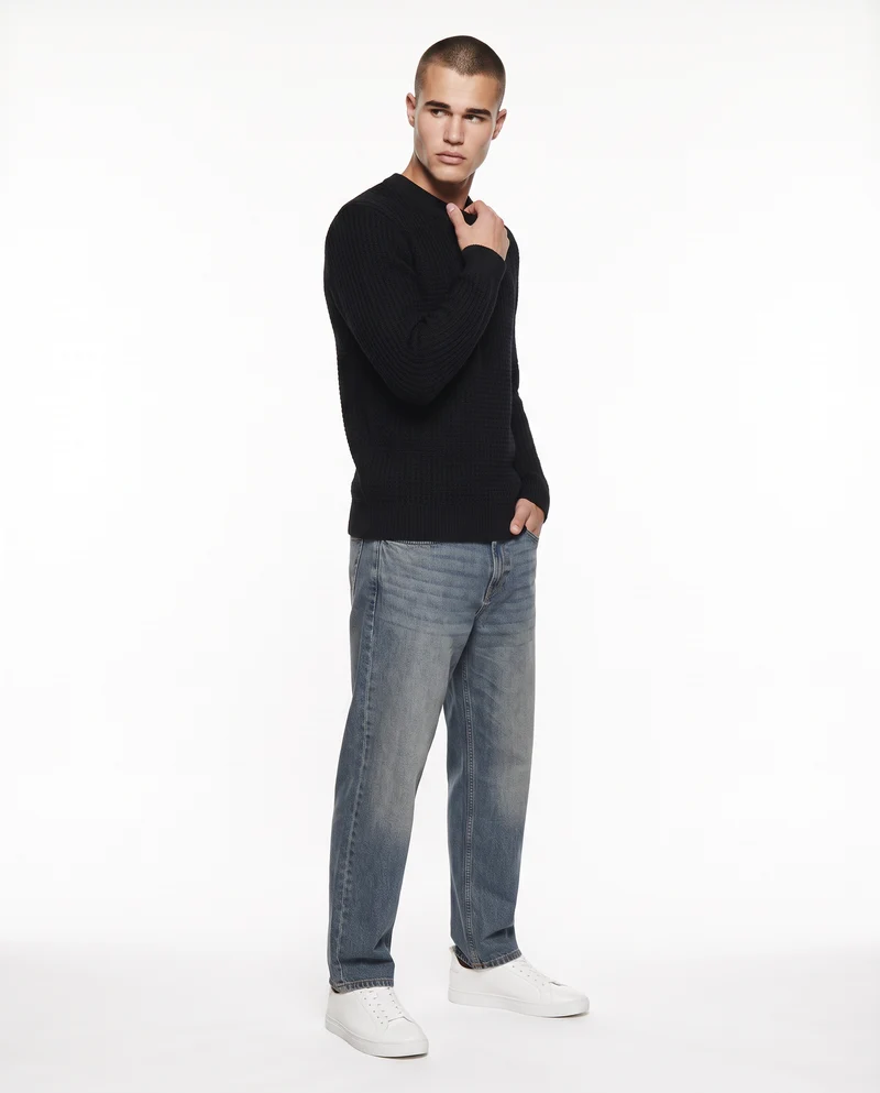 Maglia girocollo jacquard in ciniglia - Nero