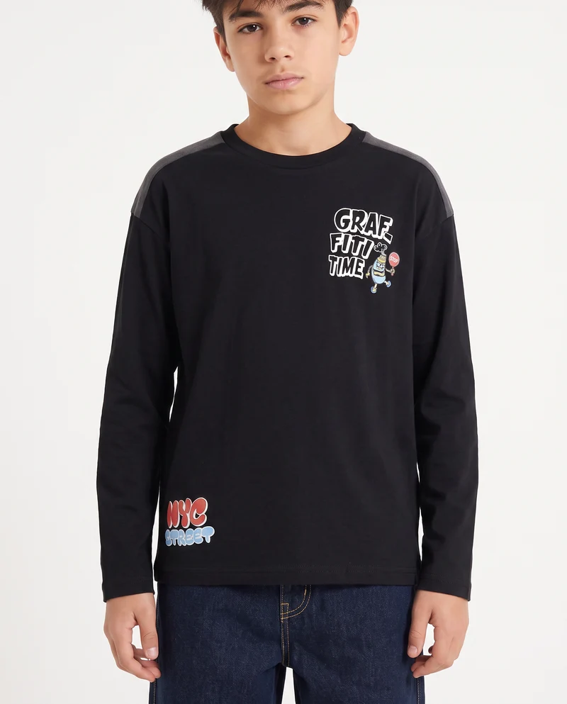 T-shirt girocollo in jersey peach con stampa - Nero