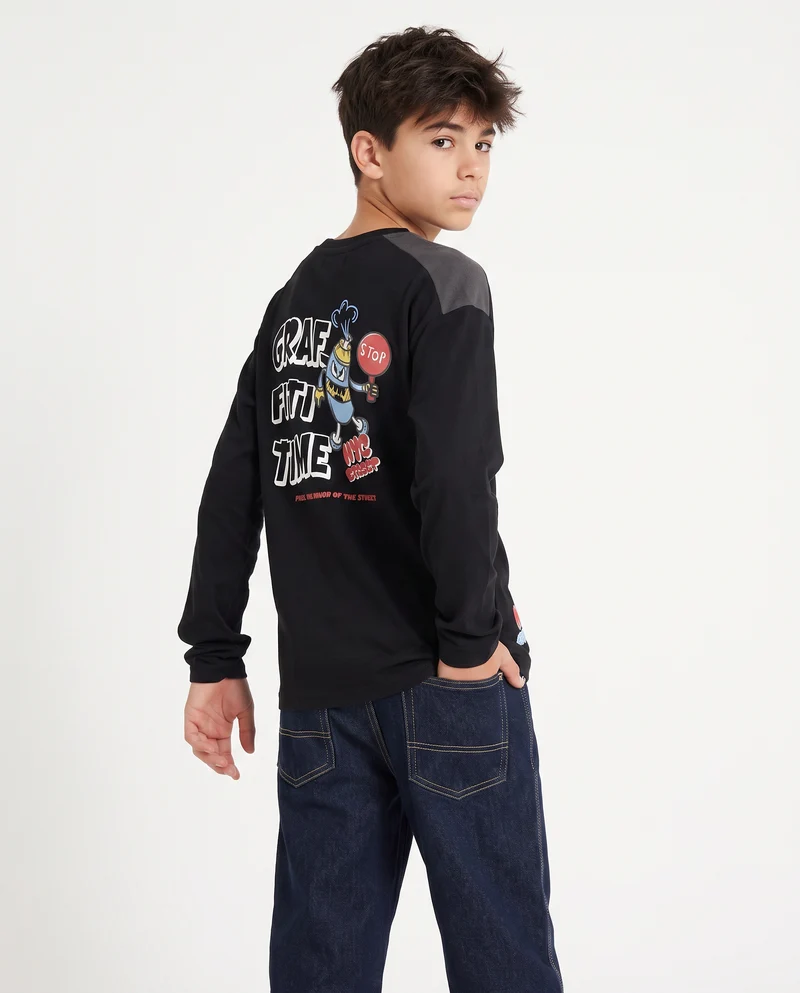 T-shirt girocollo in jersey peach con stampa - Nero