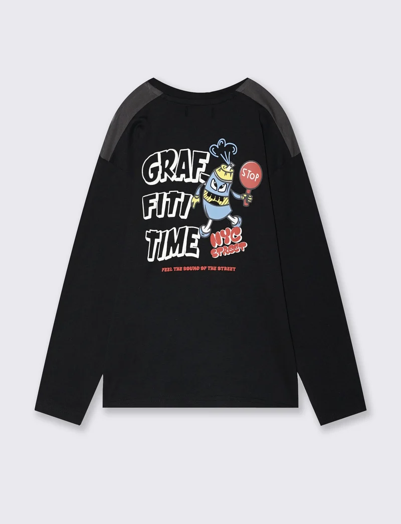 T-shirt girocollo in jersey peach con stampa - Nero
