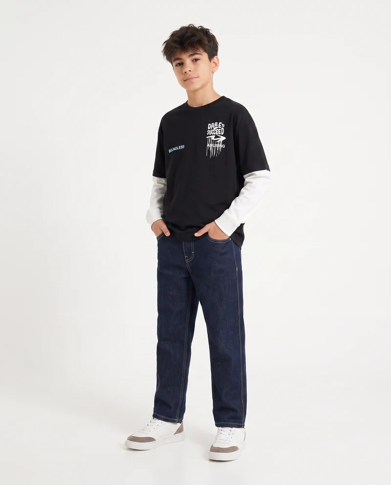 T-shirt bicolor maniche lunghe con stampa - Nero
