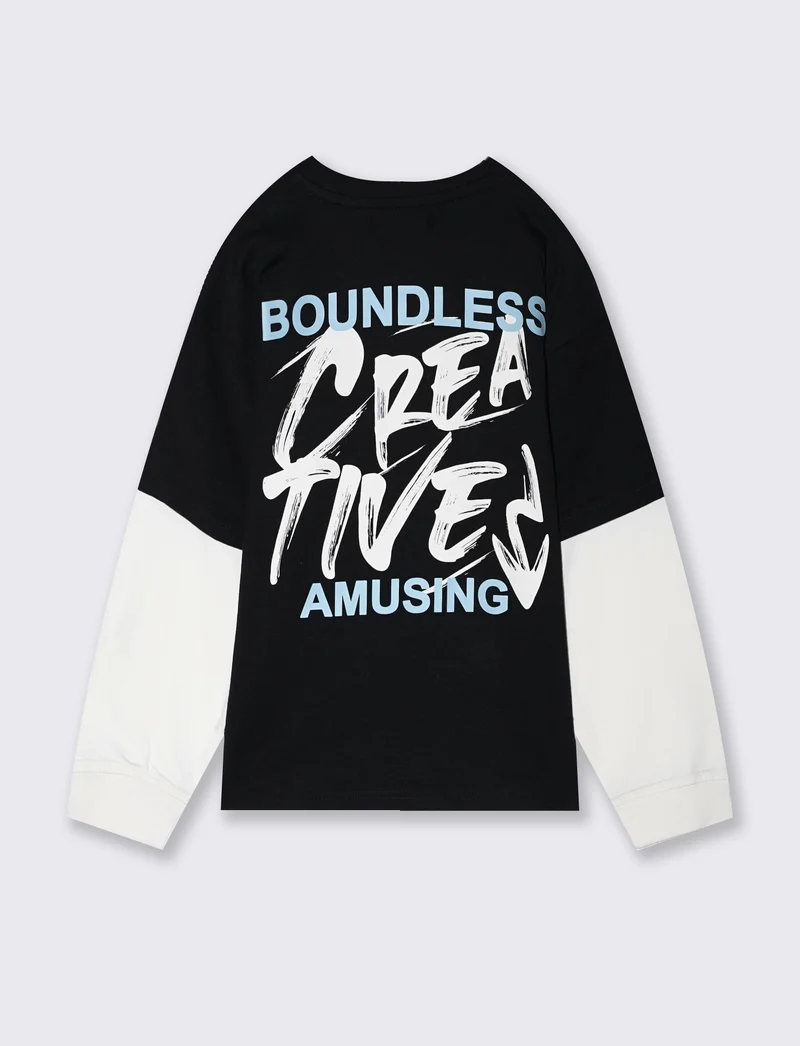 T-shirt bicolor maniche lunghe con stampa - Nero