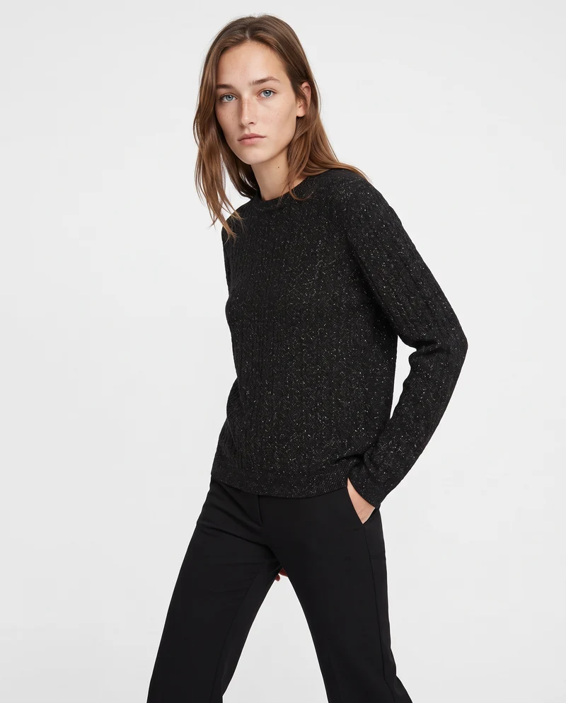 Pullover girocollo con trecce e lurex - Nero