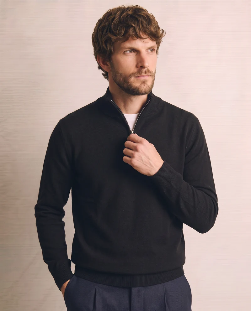 Maglia basic collo alto con zip - Blu