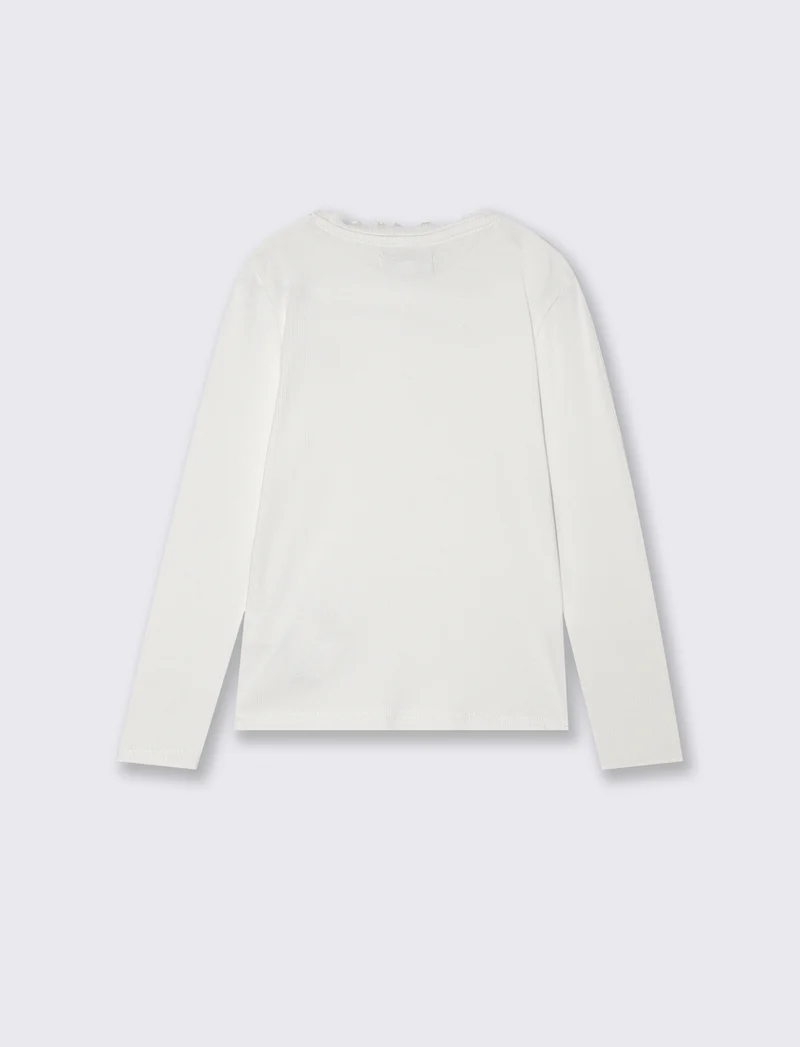 T-shirt manica lunga in cotone rib con fiocco - Bianco latte