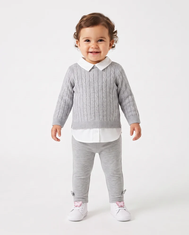 Maglia manica lunga con finta camicia - Grigio mel.