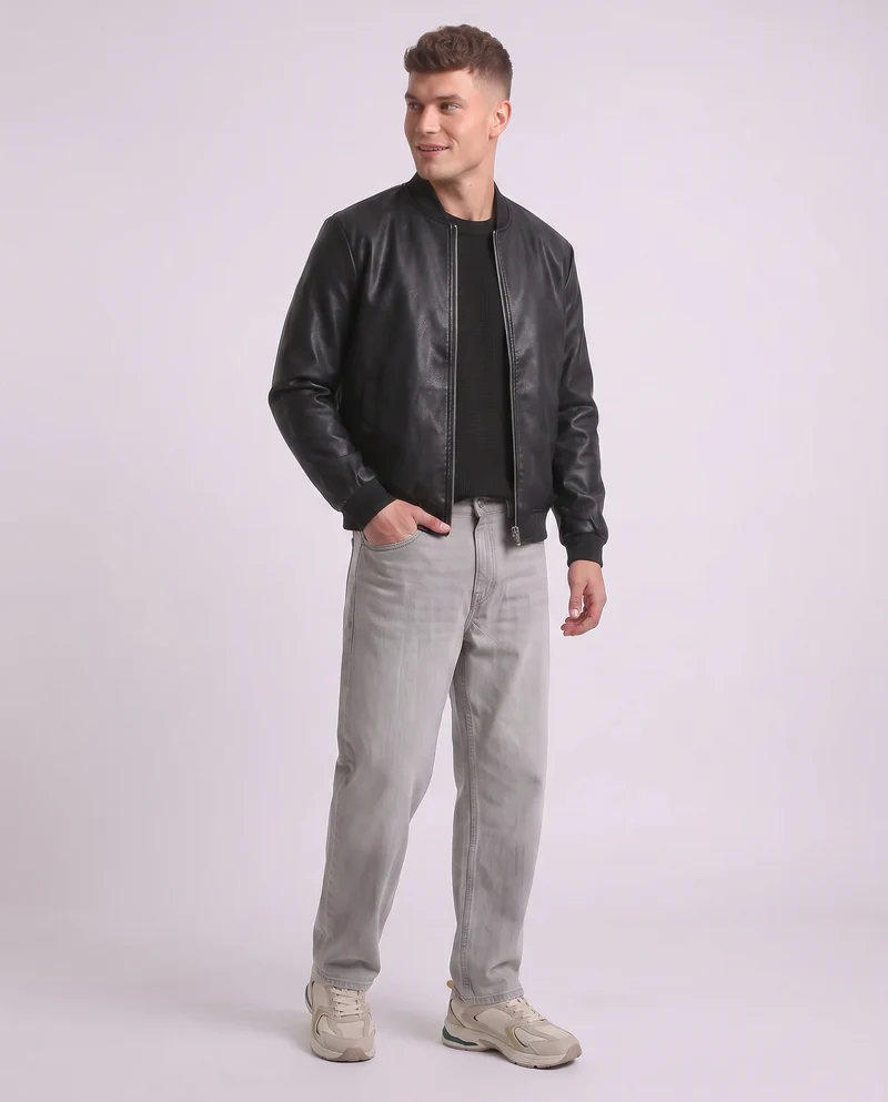 Giubbotto bomber effetto pelle con collo - Nero