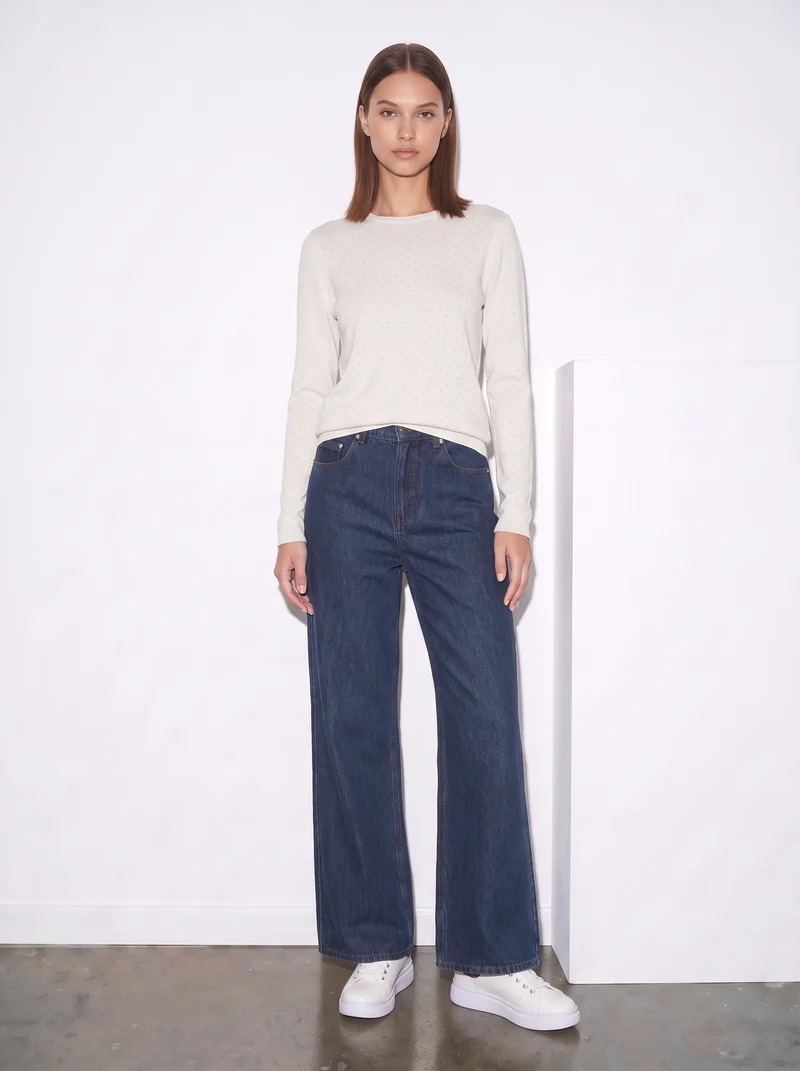Pullover girocollo con pois in lurex - Avorio