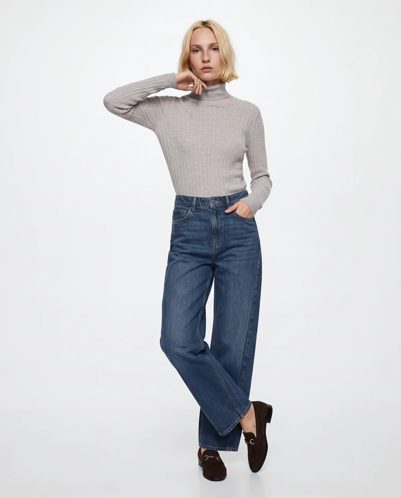 Maglia a trecce con collo alto - Beige grano