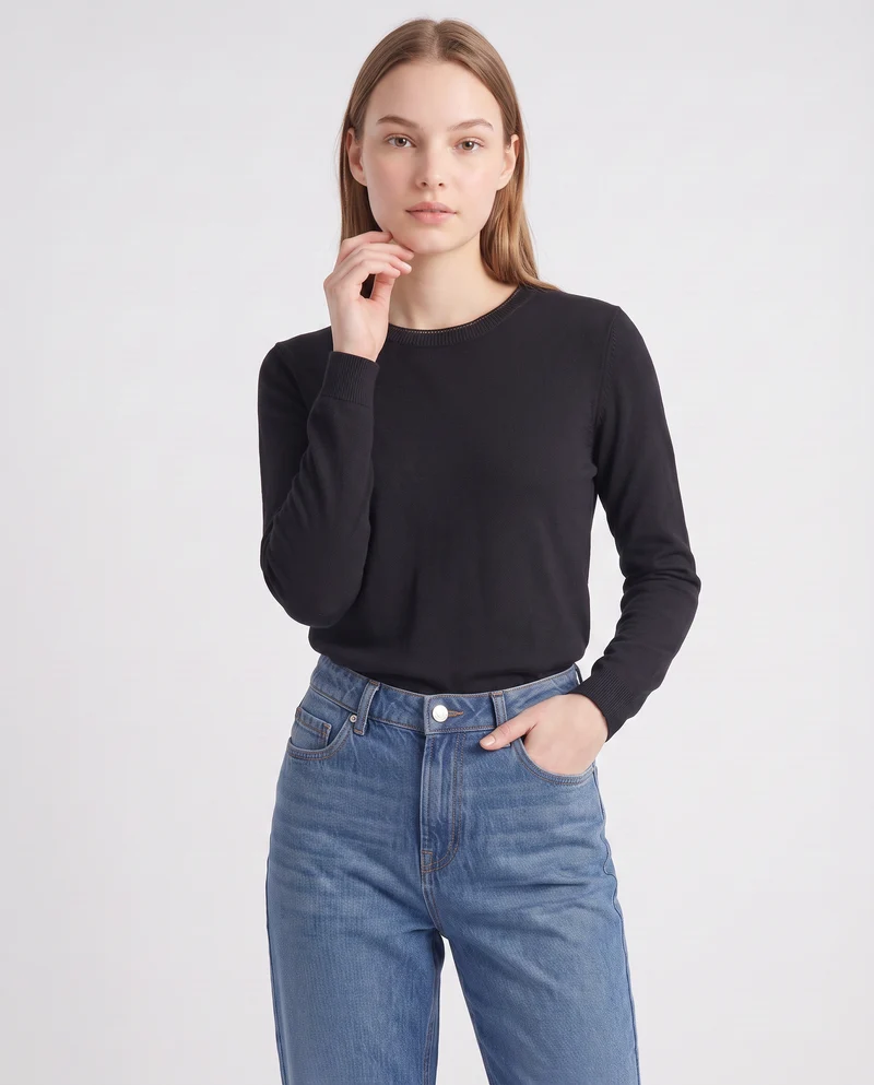 Pullover girocollo con bordino lurex - Nero