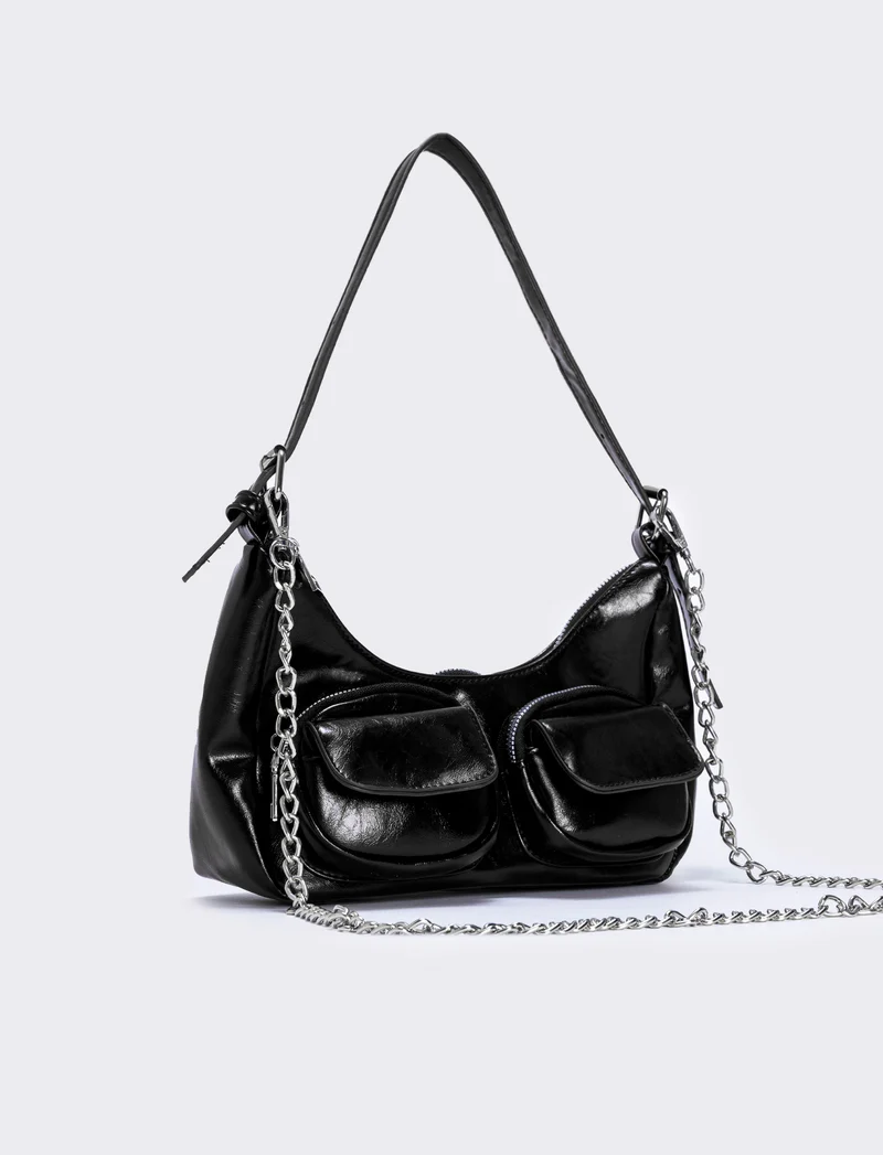 Borsa a spalla con tasche avanti - Nero