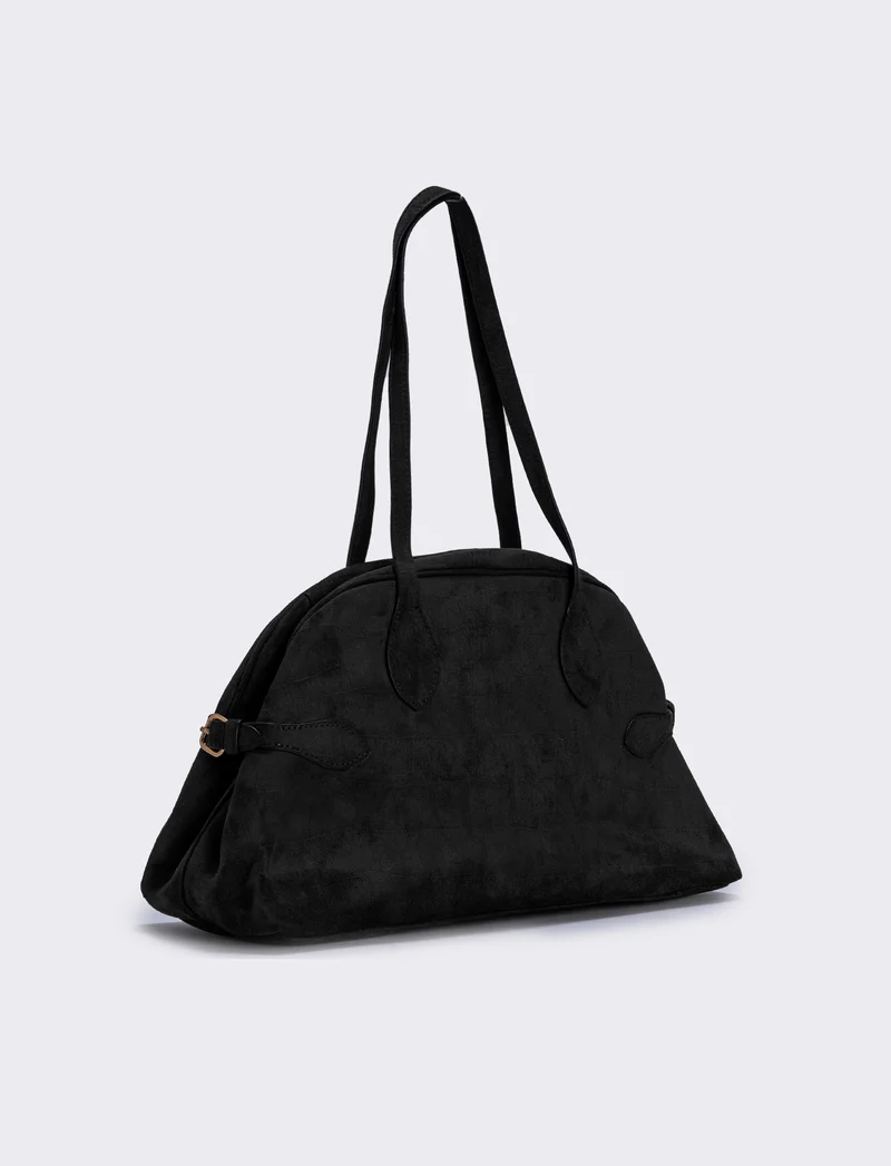 Borsa bowling suede con stampa cocco - Nero