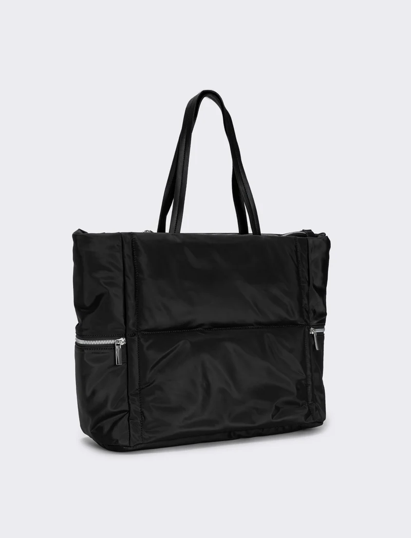 Shopper nylon con tasche laterali zip - Nero