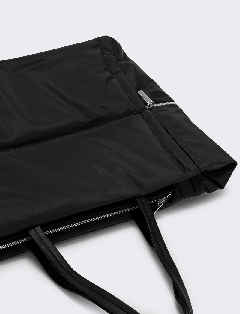 Shopper nylon con tasche laterali zip - Nero