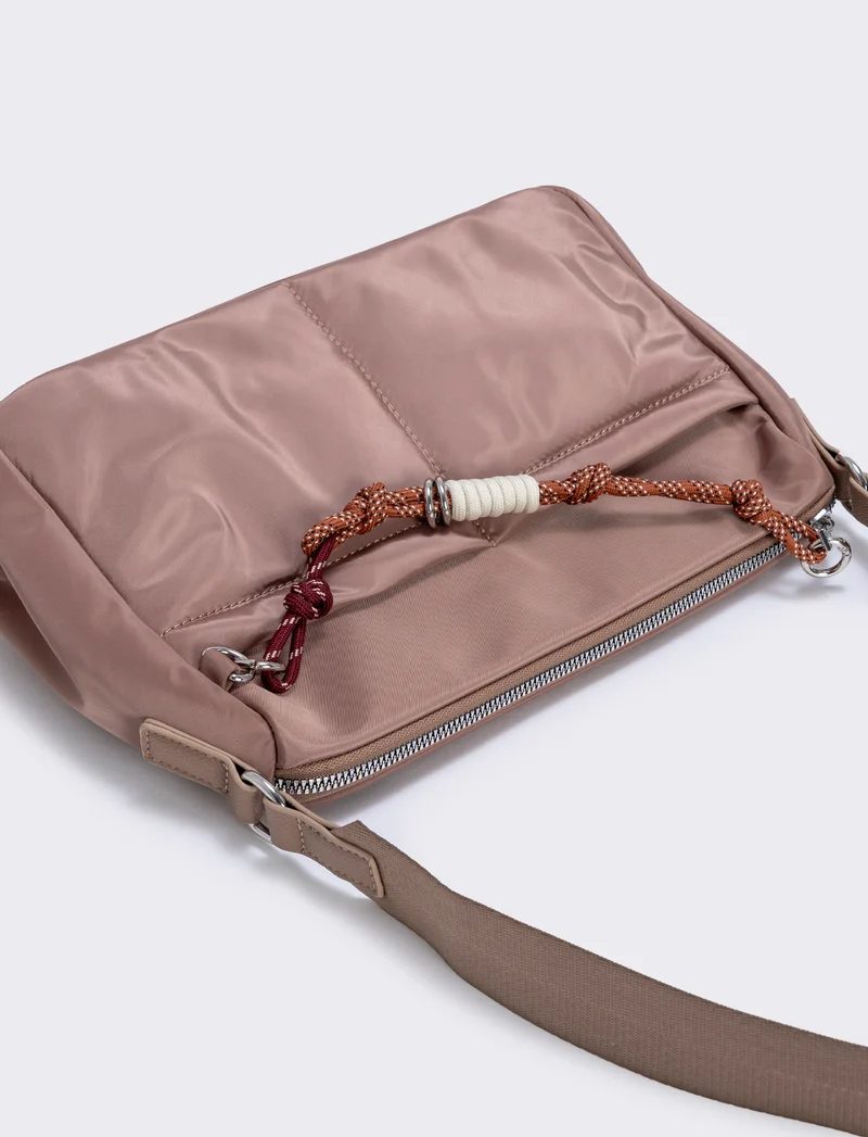 Borsetta in nylon con cordoncino e tracolla - Beige