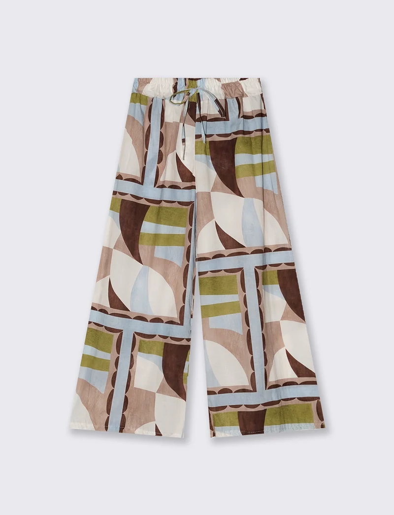 Pantaloni ampi con coulisse e stampa - Verde