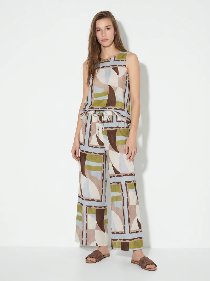 Pantaloni ampi con coulisse e stampa - Verde