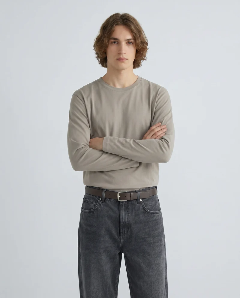 T-shirt slim fit a coste girocollo - Grigio stone