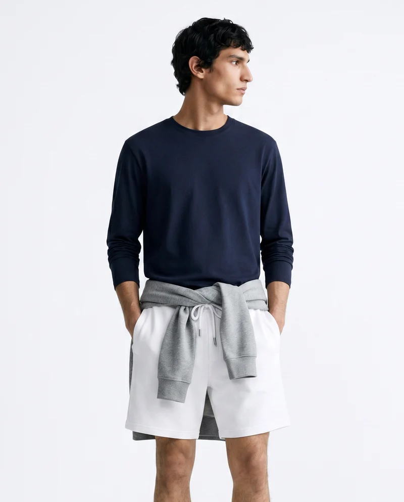 T-shirt slim fit a coste girocollo - Blu