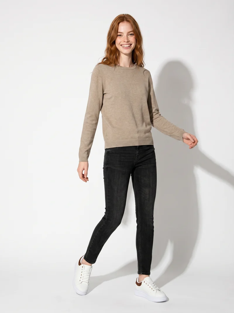 Maglia manica lunga scollo paricollo - Beige grano