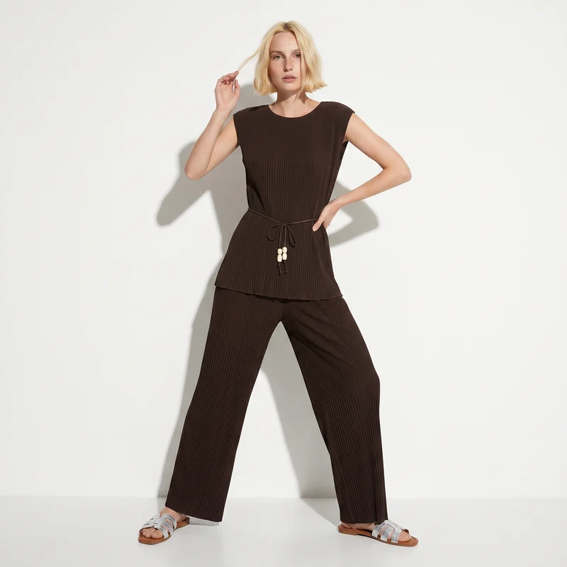 Top Plissettato con Spalline Imbottite - Moro