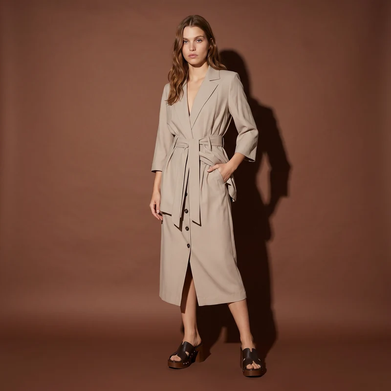 Gonna midi con bottoni e cintura vita - Beige