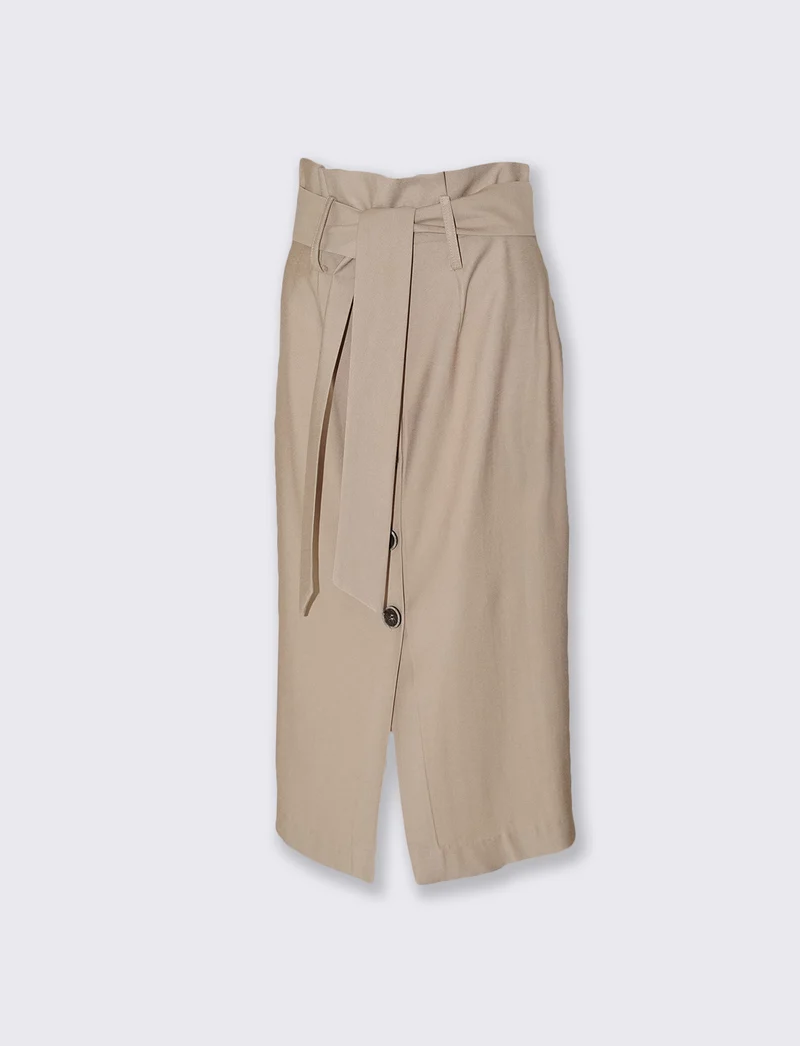 Gonna midi con bottoni e cintura vita - Beige
